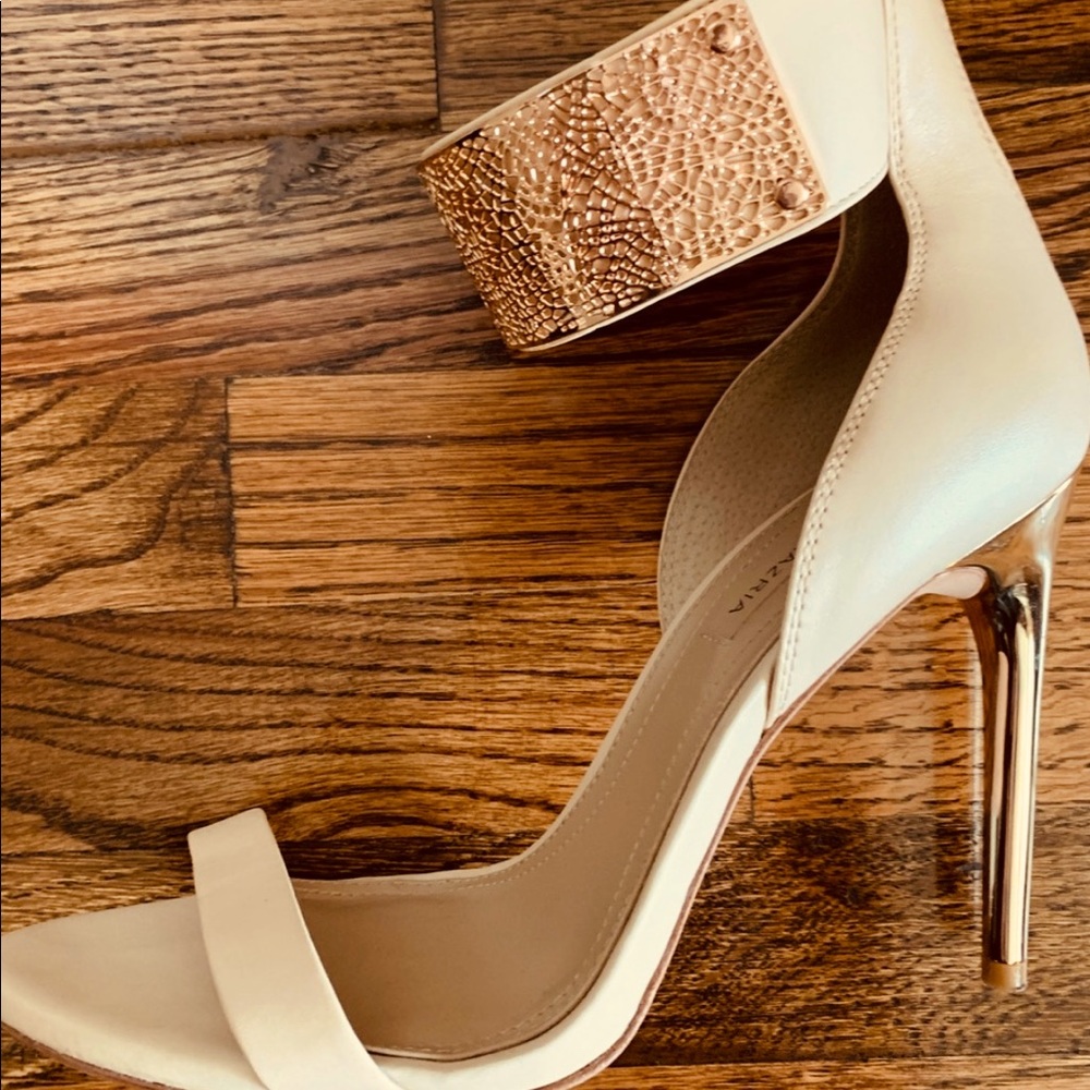 * BCBGMaxAzria Nude & Gold Metal Heels